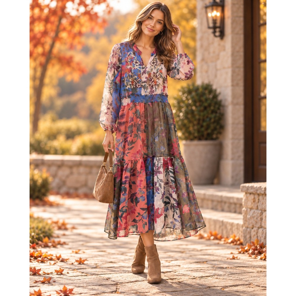 See and Be Seen Floral Midi Dress S Embroidered Boho Cottagecore Romantic Fall